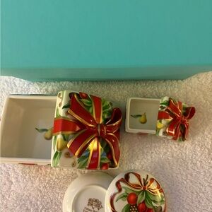 Tiffany & Co. Ceramic Boxes with Red and Gold Ribbon